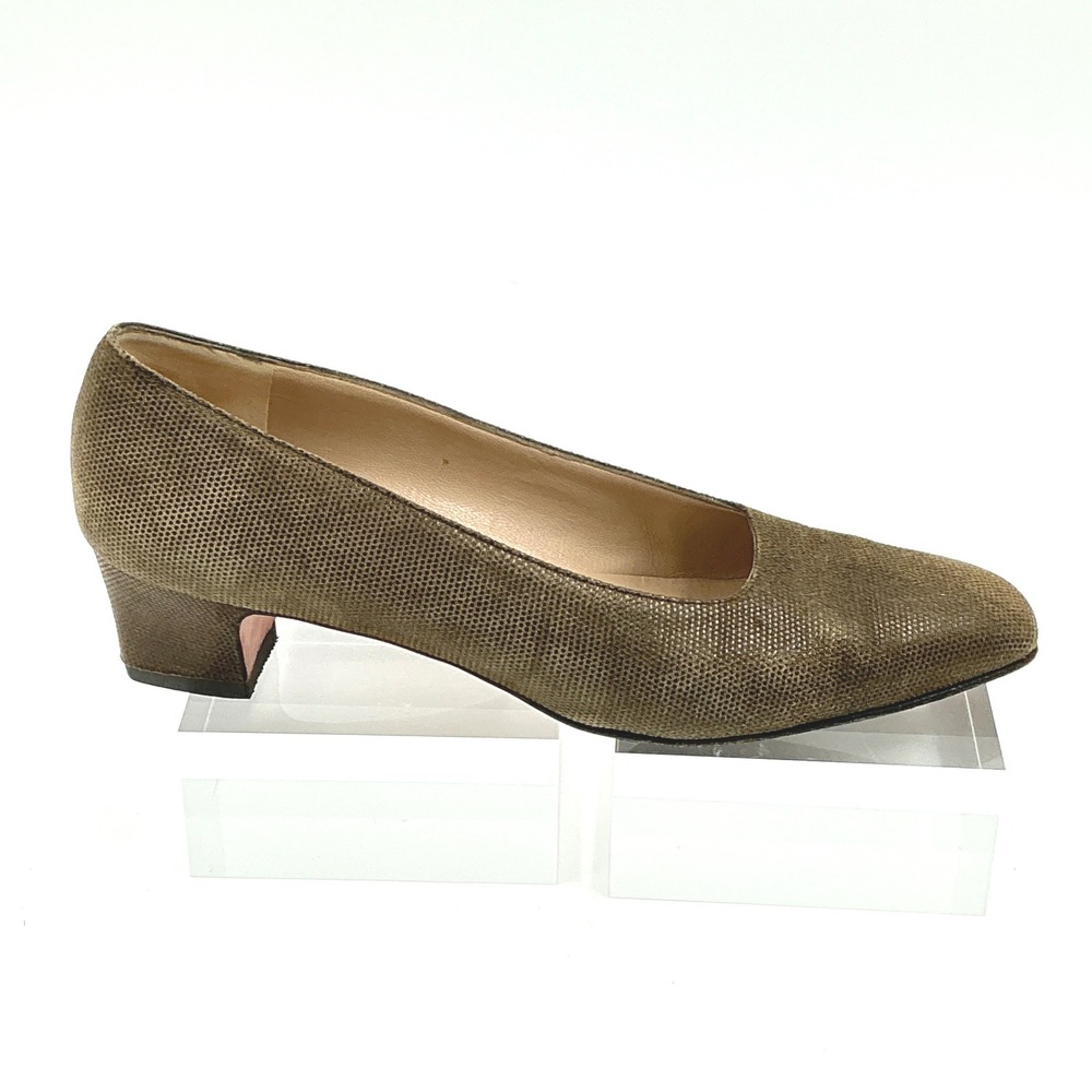 Salvatore Ferragamo Size 7.5 AA Narrow Pump Olive Lizard Embossed Sueded Leather